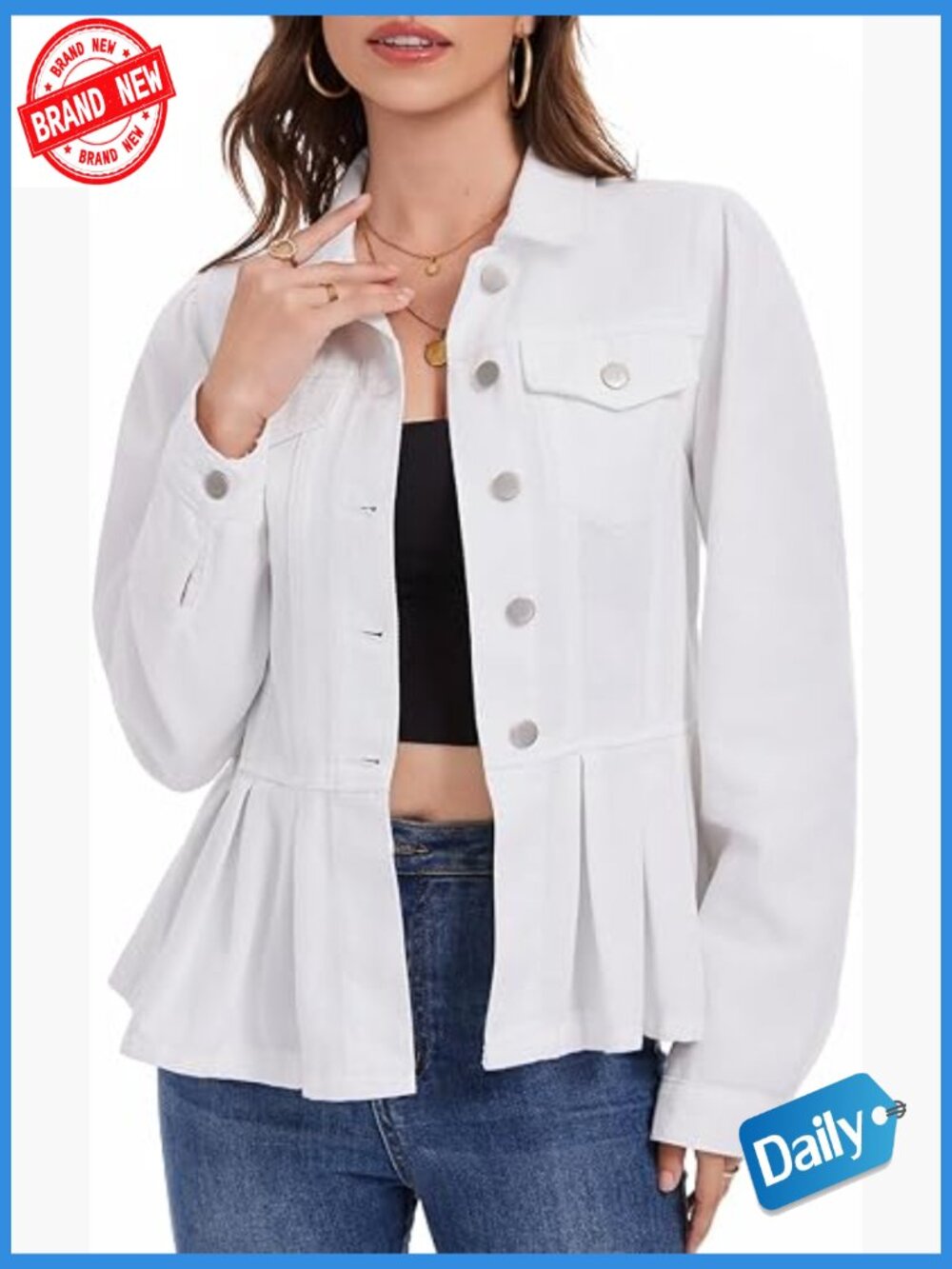 Women's Denim Jacket Peplum Ruffle Hem Button Long Sleeve